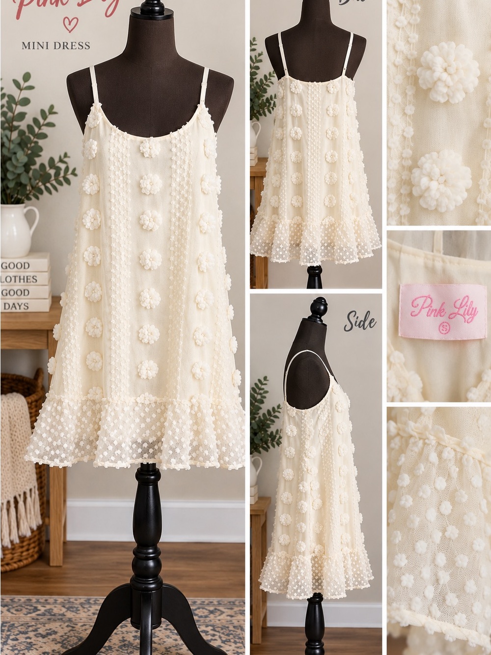 Pink Lily Cream Pom-Pom Ruffle Sundress